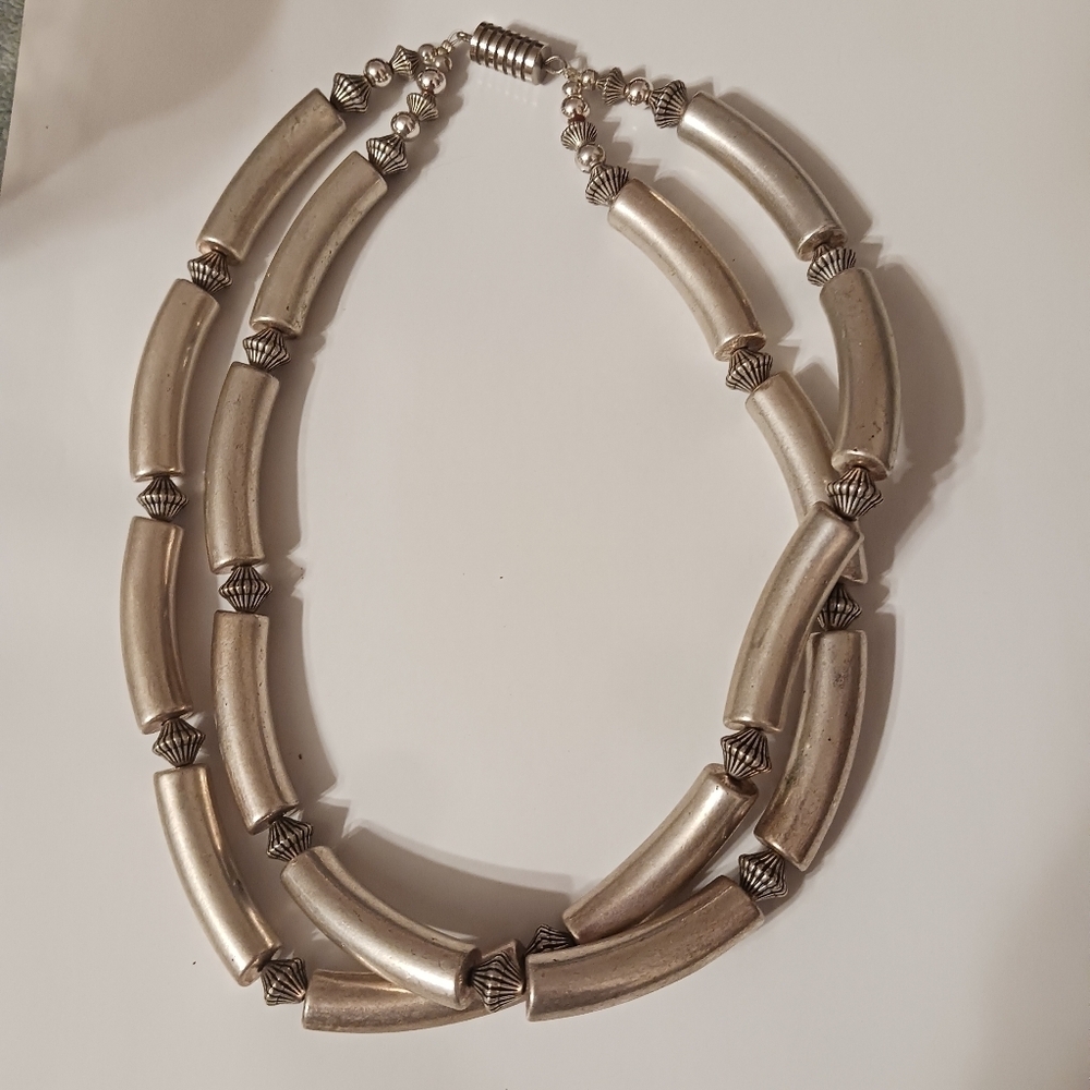 Silver or Silver Plated Hollow Tube Style Two Strand Necklace Unmarked
